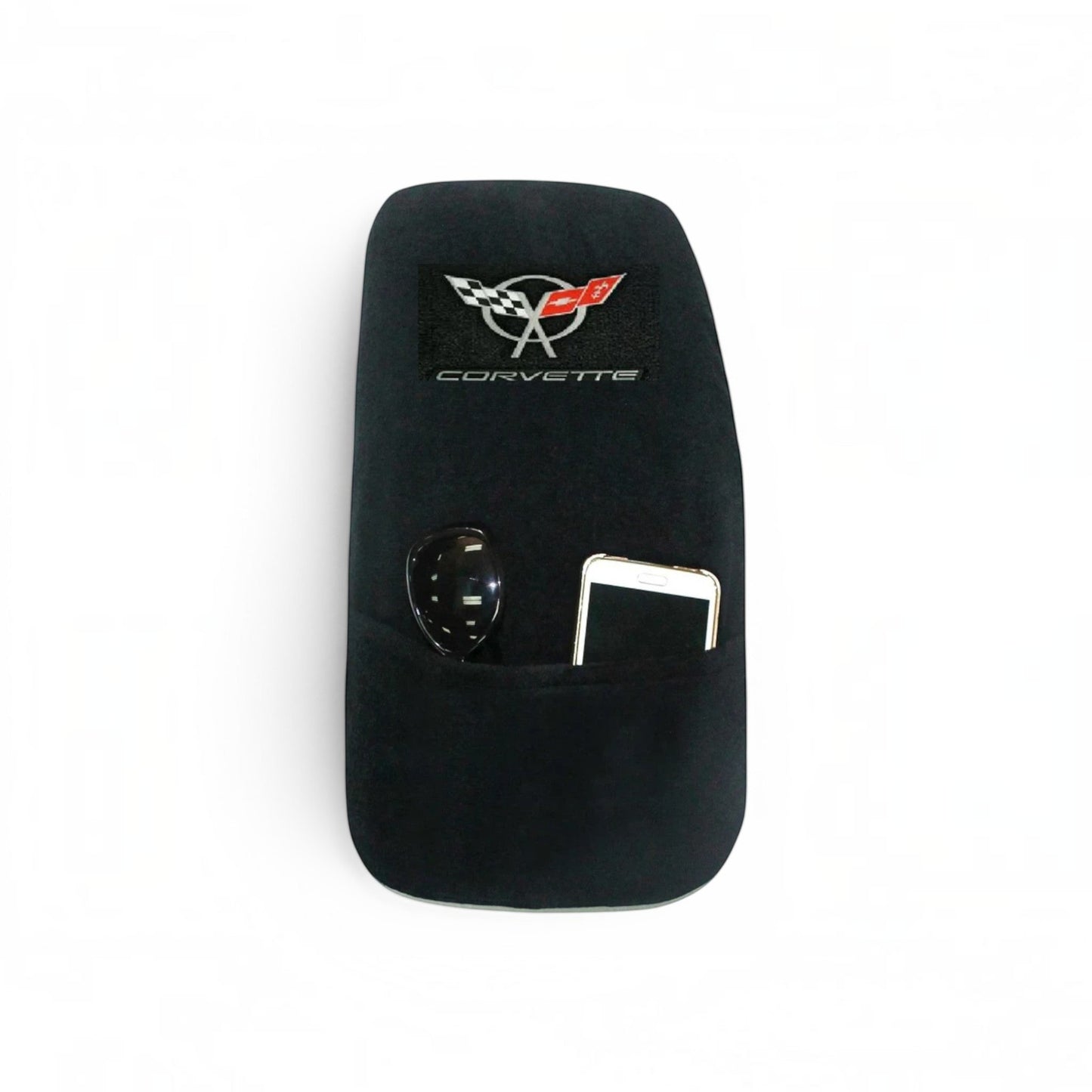 T-Top Vibes black cotton terry velour Corvette C5 console cover with embroidered logo and front storage pocket