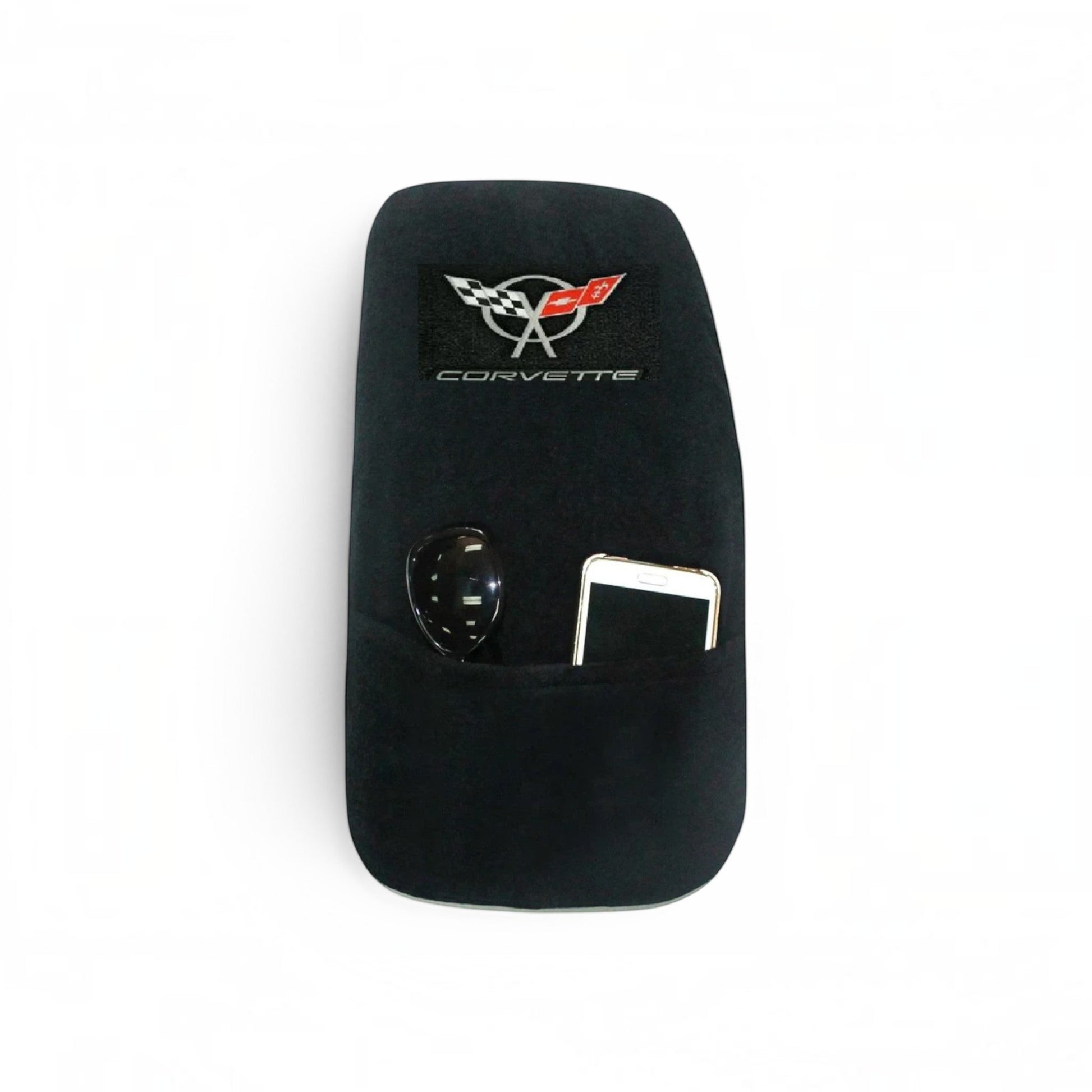 T-Top Vibes black cotton terry velour Corvette C5 console cover with embroidered logo and front storage pocket