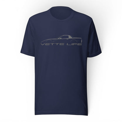 T-Top Vibes navy blue cotton t-shirt featuring a grey outline of a Corvette C5 and the text VETTE LIFE