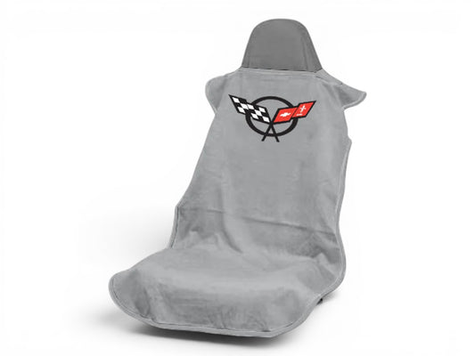 T-Top Vibes Corvette C5 grey cotton seat cover towel with official checkered flag logo for car seat protection.