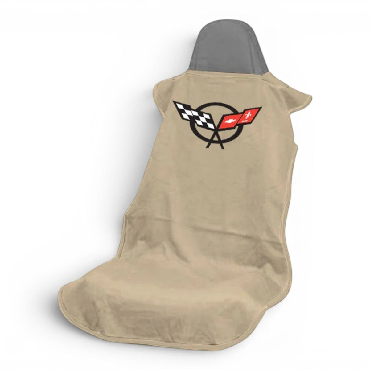 T-Top Vibes Corvette C5 tan cotton terry velour car seat cover towel with official checkered flag logo
