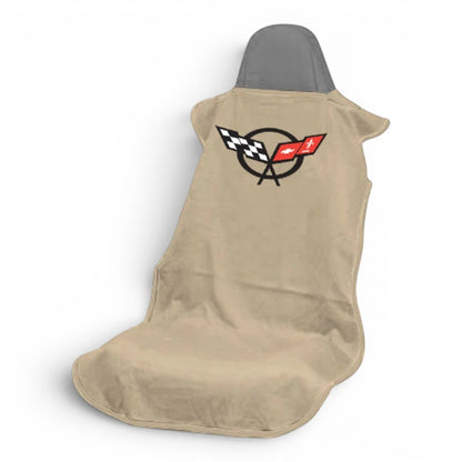 T-Top Vibes Corvette C5 tan cotton terry velour car seat cover towel with official checkered flag logo