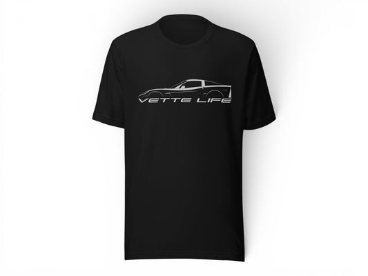 T-Top Vibes black cotton t-shirt featuring a white Corvette C6 silhouette graphic and Vette Life text on the chest.