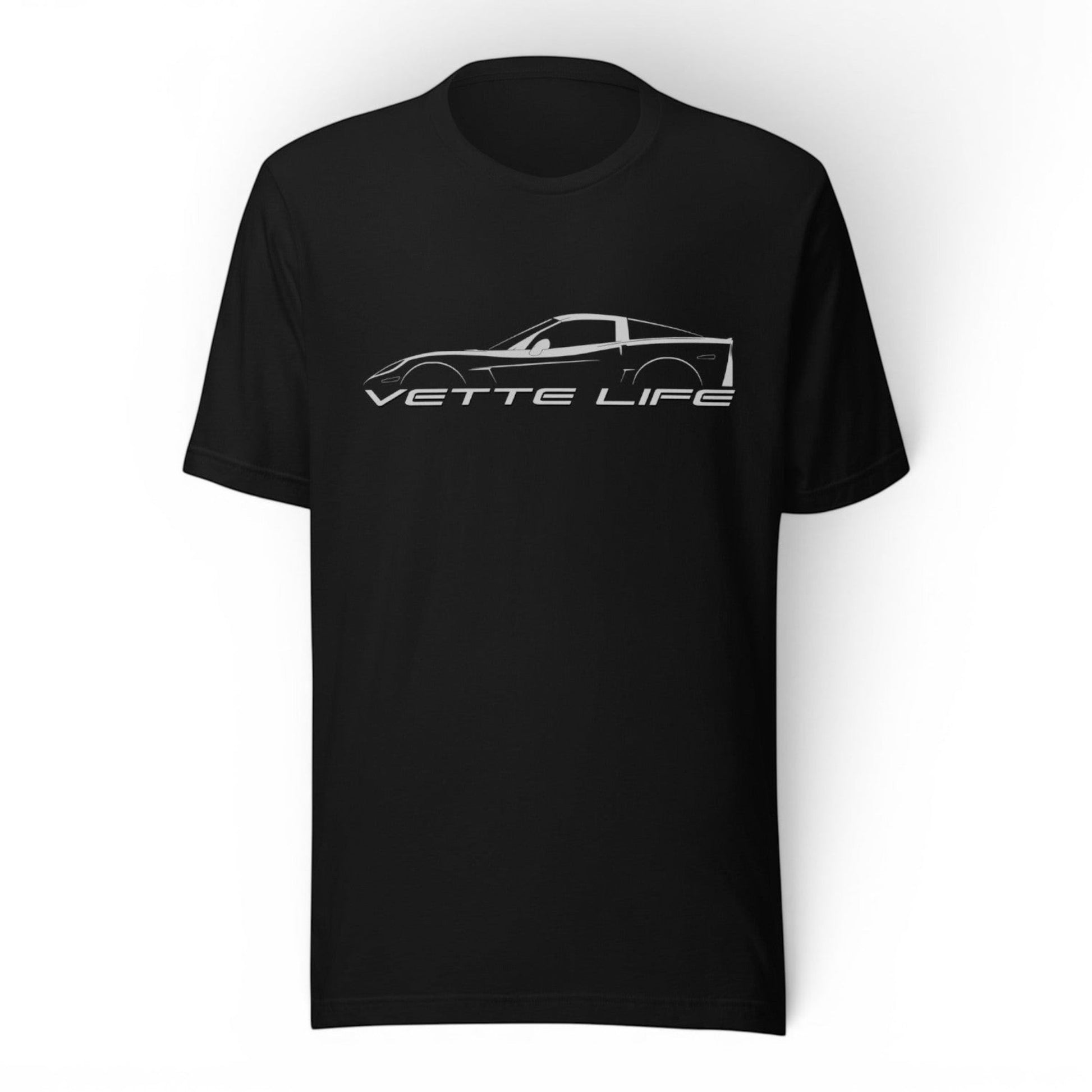 T-Top Vibes black cotton t-shirt featuring a white Corvette C6 silhouette graphic and Vette Life text on the chest.