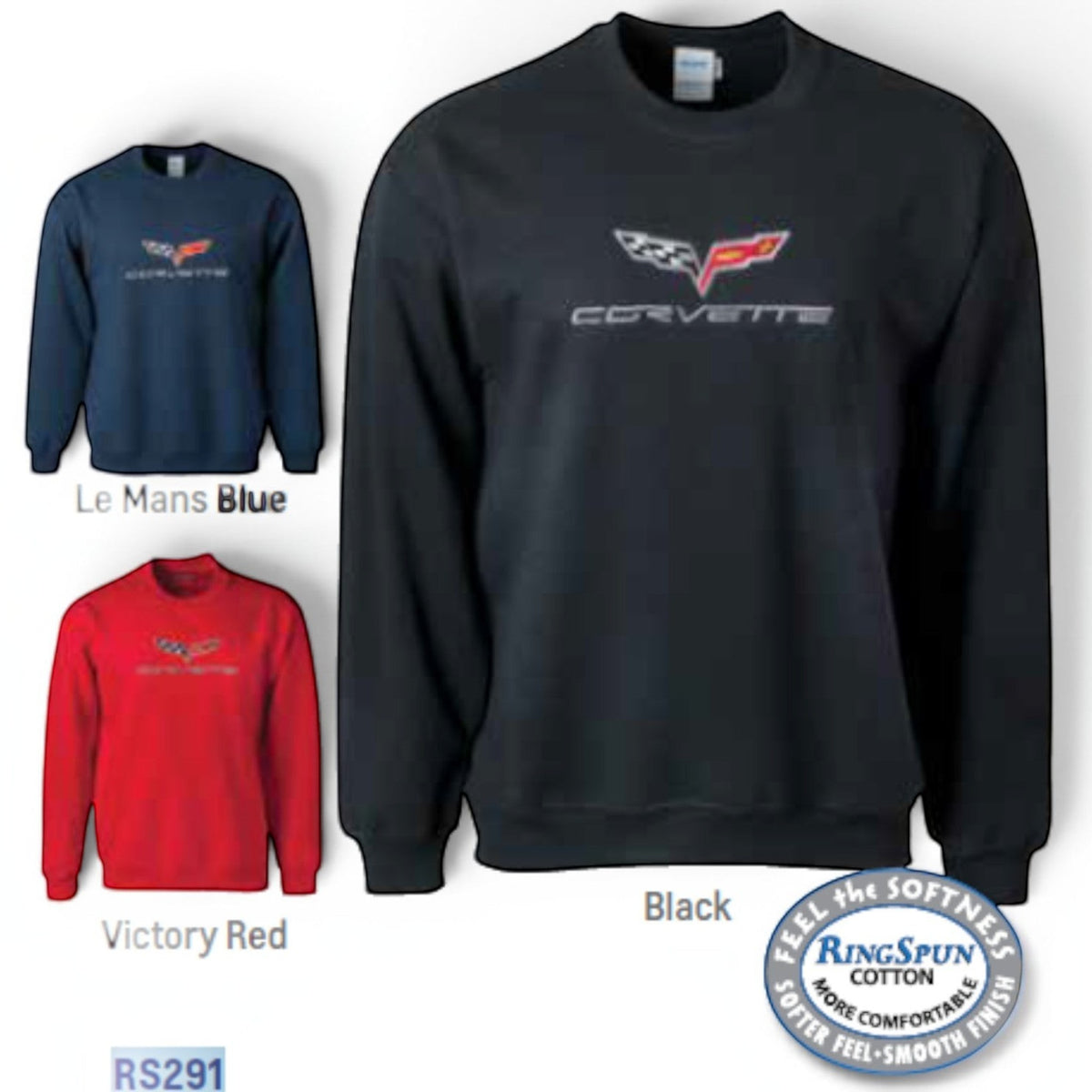 T-Top Vibes Corvette C6 crewneck sweatshirts in black, Le Mans blue, and victory red with embroidered chest emblems.