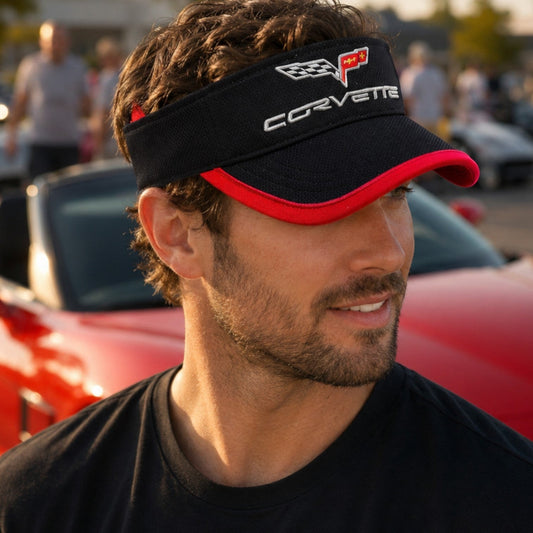 T-Top Vibes black piqué mesh visor with red trim and embroidered Corvette C6 logo worn by a man at a car show