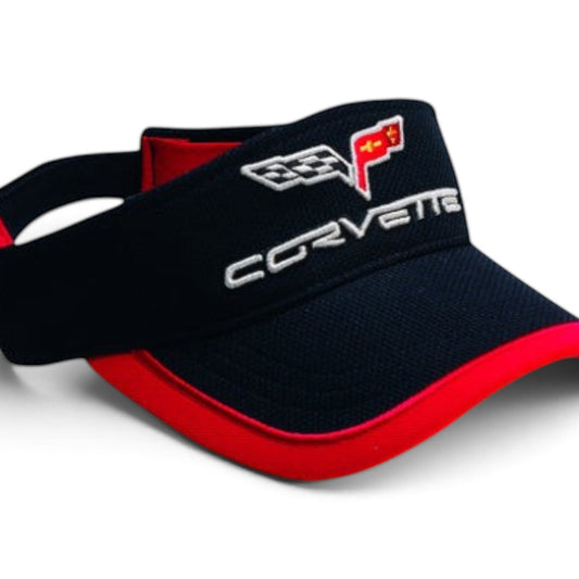T-Top Vibes black piqué mesh visor with red trim and embroidered Corvette C6 crossed-flags logo and wordmark