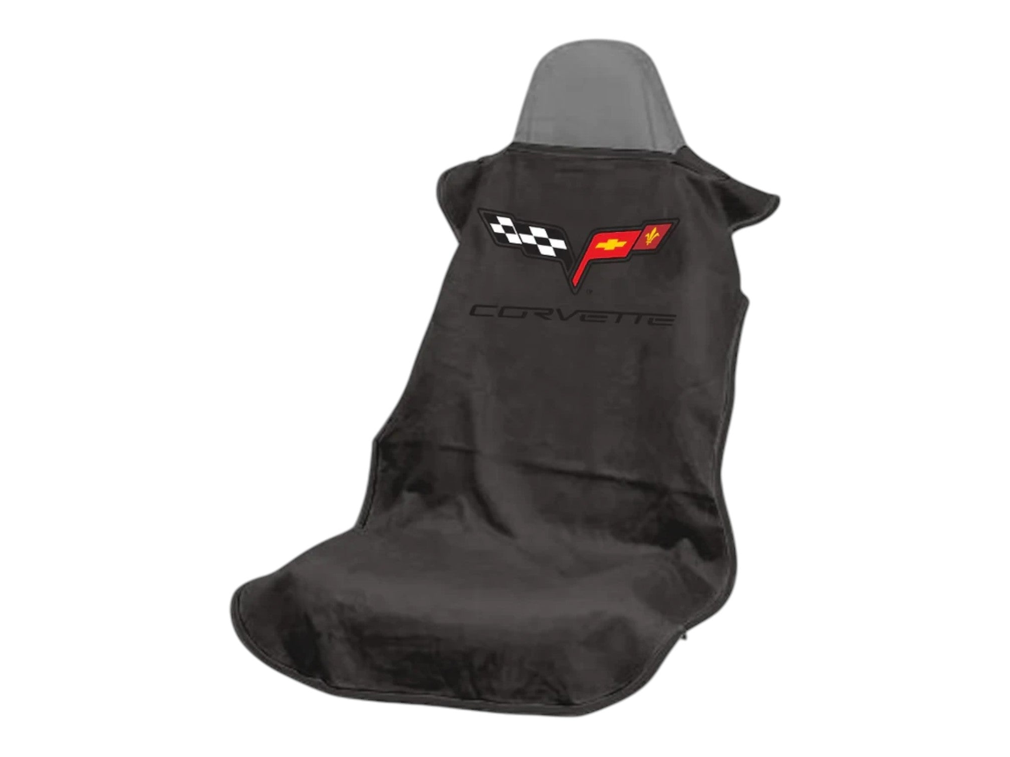 T-Top Vibes black cotton Seat Armour towel with C6 Corvette crossed flags logo for car seat protection