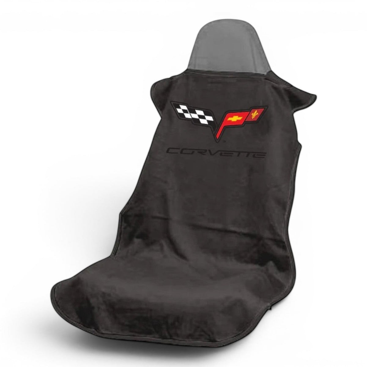 T-Top Vibes black cotton Corvette C6 car seat towel with official logo, designed for universal vehicle seat protection.