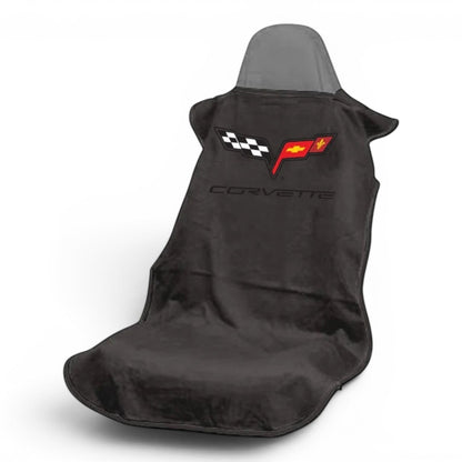T-Top Vibes Corvette C6 black cotton terry velour car seat towel with official logo for universal seat protection