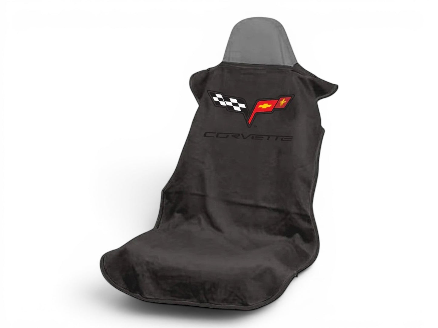 T-Top Vibes Corvette C6 black cotton car seat towel with official logo, universal fit for vehicle seat protection.