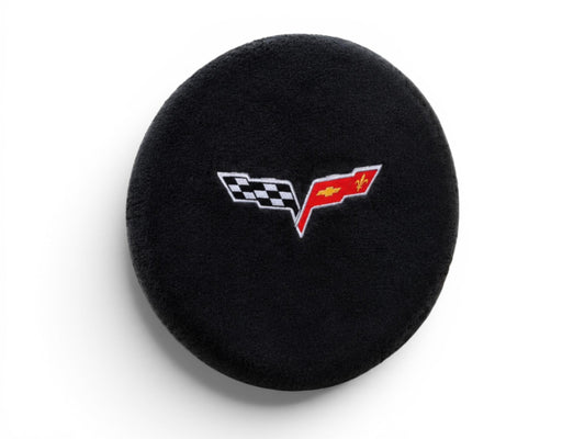 T-Top Vibes black plush microfiber Corvette C6 steering wheel cover with embroidered cross flags logo
