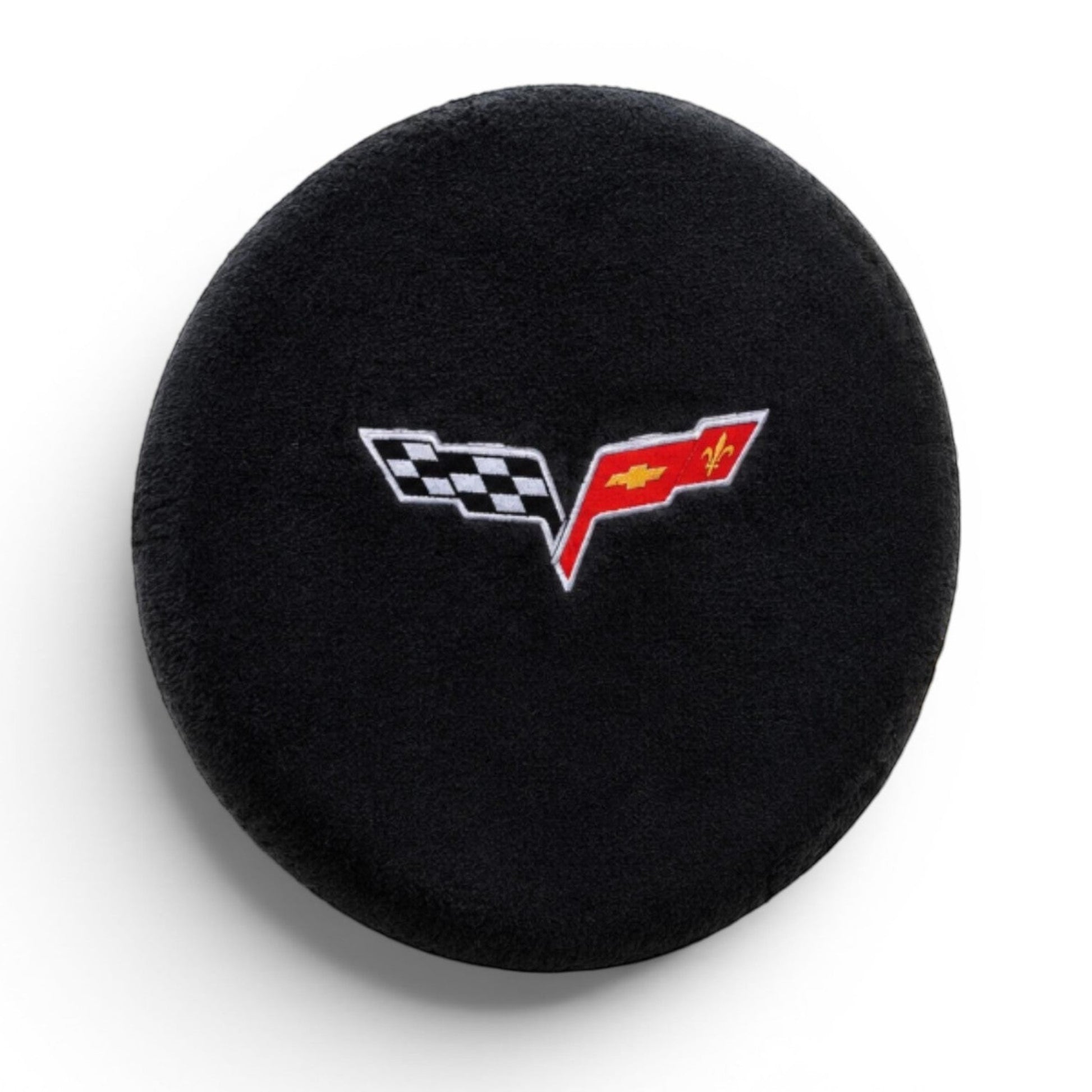 T-Top Vibes black plush microfiber Corvette C6 steering wheel cover with embroidered cross flags logo