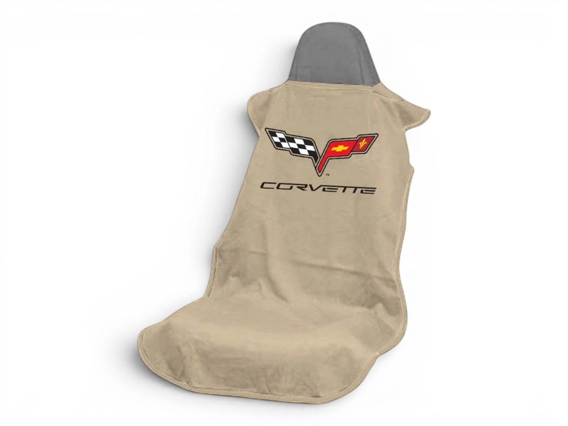 T-Top Vibes Corvette C6 tan cotton car seat towel with official logo, designed for universal vehicle seat protection.