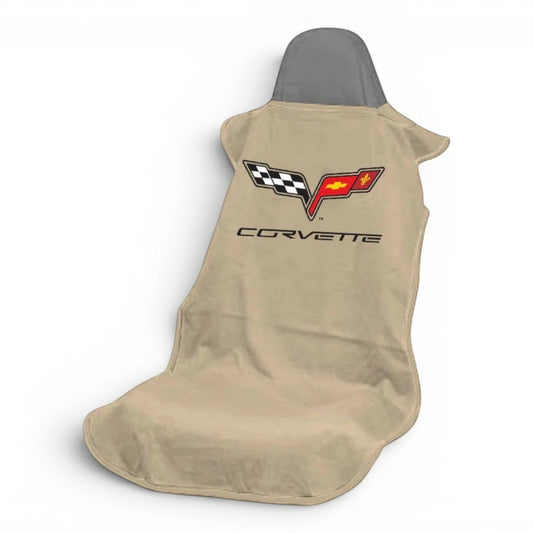 T-Top Vibes Corvette C6 tan cotton terry velour car seat towel with official logo and grey headrest cover