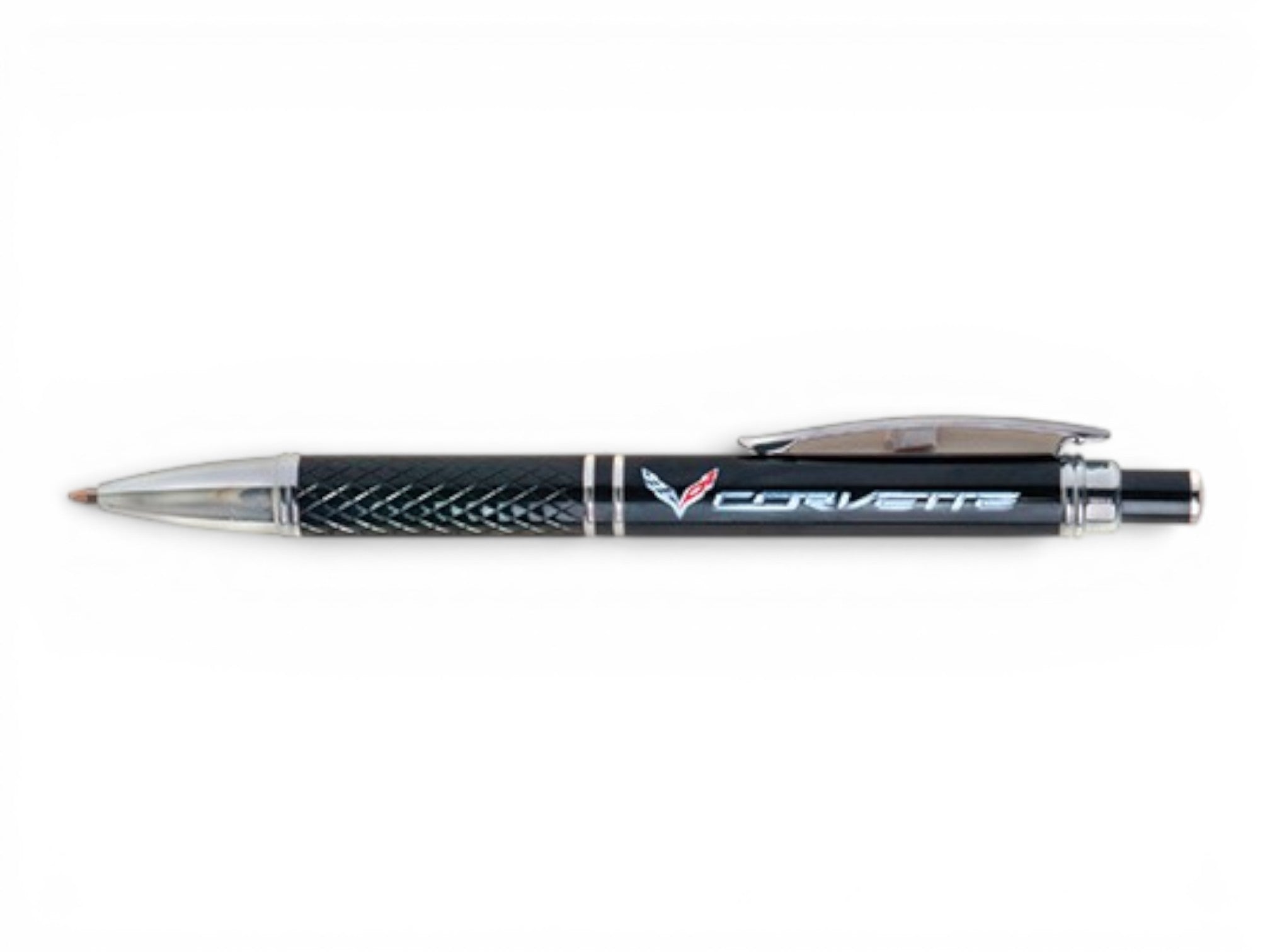 T-Top Vibes black Corvette C7 Phoenix ballpoint pen with a textured comfort grip and chrome accents.