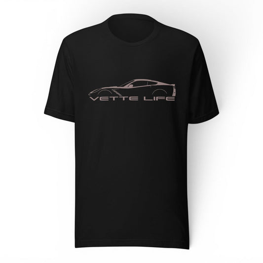 T-Top Vibes black cotton t-shirt featuring a minimalist Corvette C7 silhouette graphic and Vette Life text.