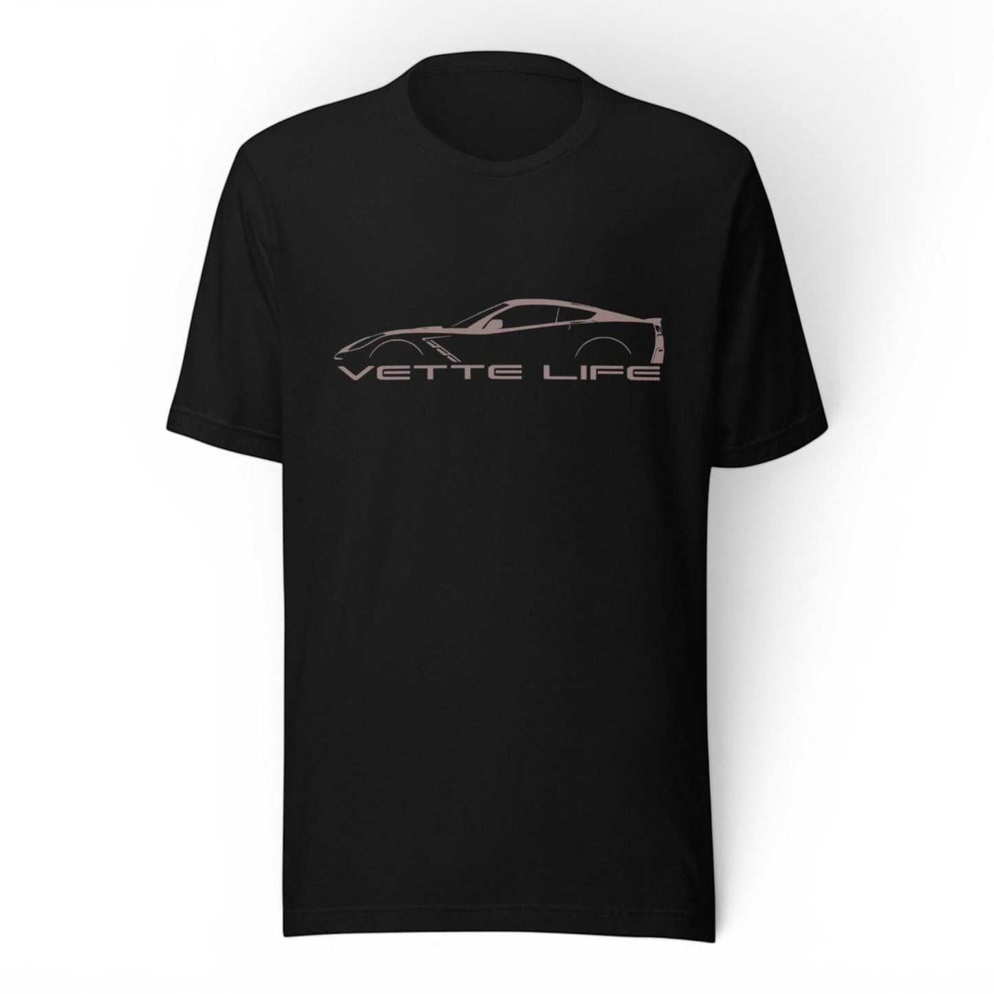 T-Top Vibes black cotton t-shirt featuring a white Corvette C7 silhouette graphic and Vette Life text on the chest.