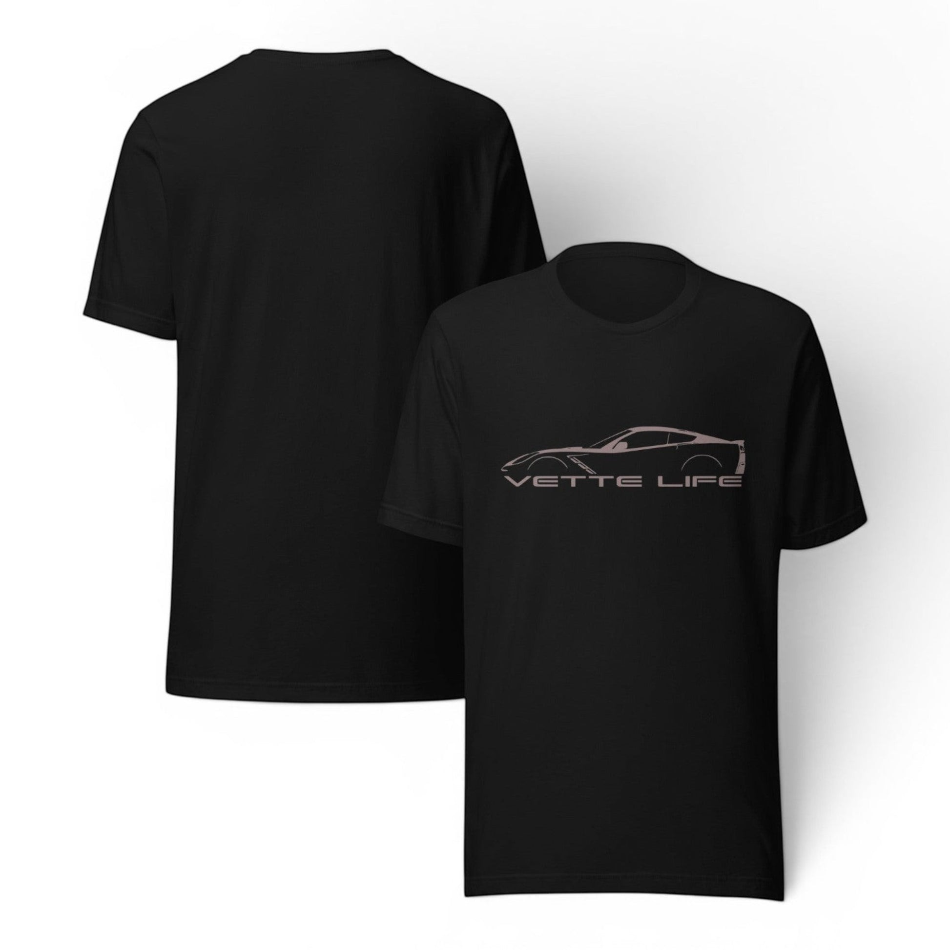 T-Top Vibes black cotton t-shirt featuring a Corvette C7 silhouette and Vette Life text graphic