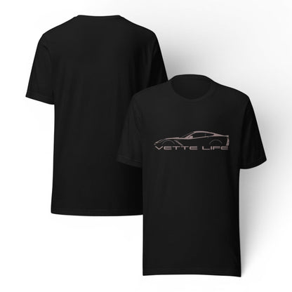T-Top Vibes black cotton t-shirt featuring a Corvette C7 silhouette and Vette Life text graphic