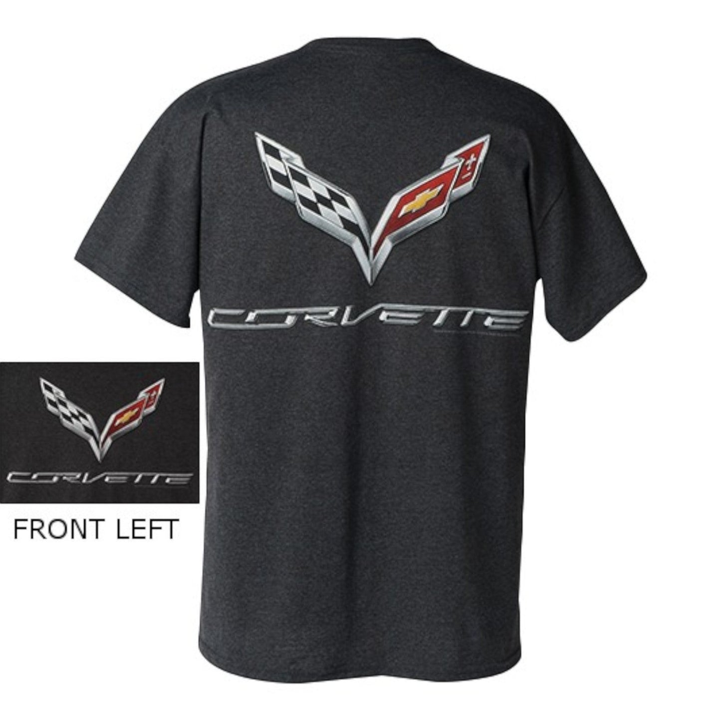 T-Top Vibes charcoal heather Corvette C7 t-shirt with large crossed flags graphic on back and logo on front chest