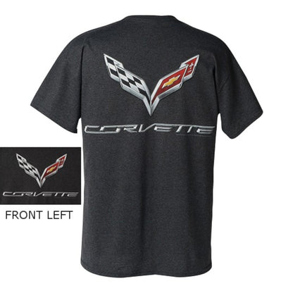 T-Top Vibes charcoal heather Corvette C7 t-shirt with large crossed flags graphic on back and logo on front chest