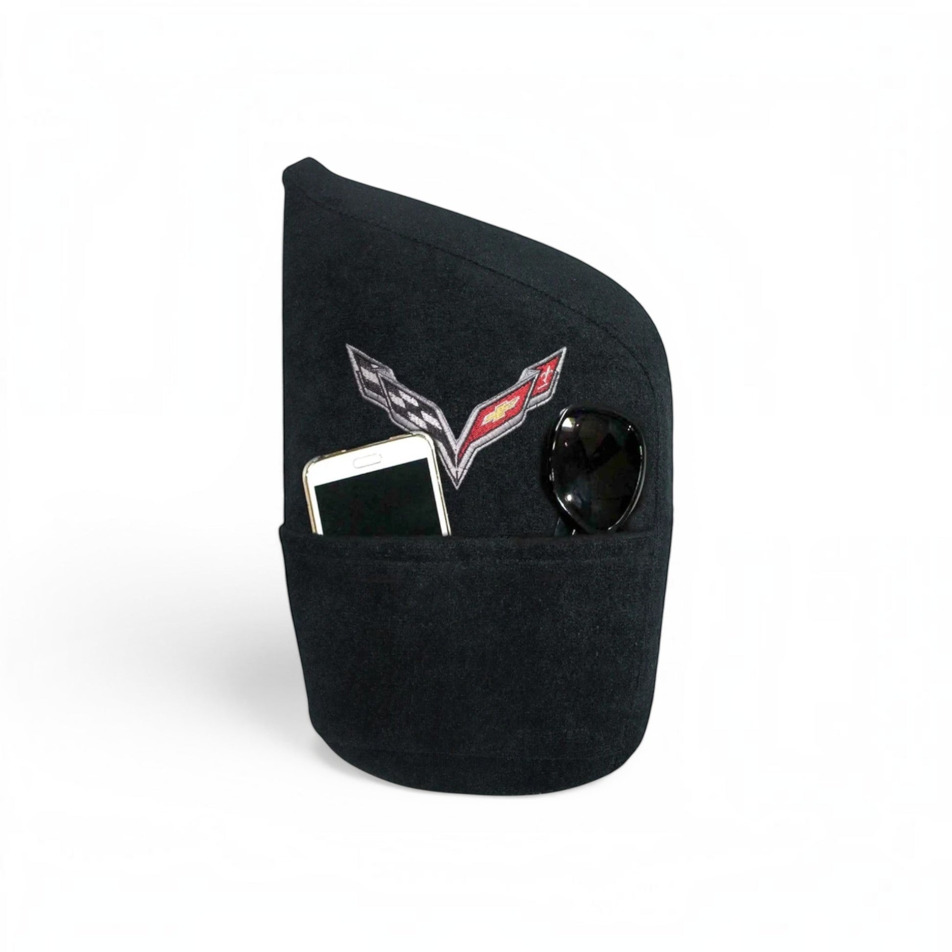 T-Top Vibes black cotton terry velour Corvette C7 console cover with embroidered logo and storage pocket