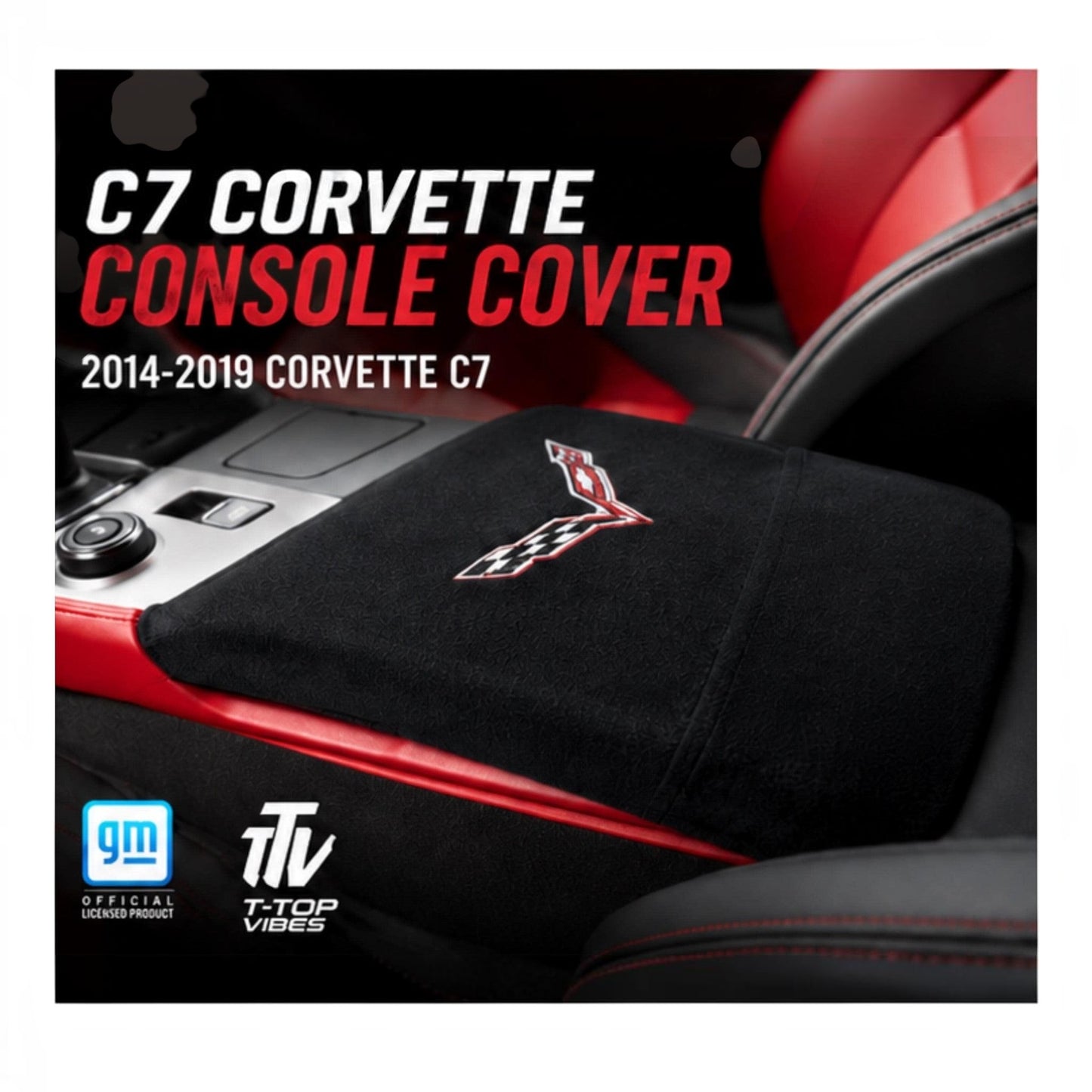 T-Top Vibes black cotton terry velour console cover with Corvette C7 logo installed in a vehicle interior