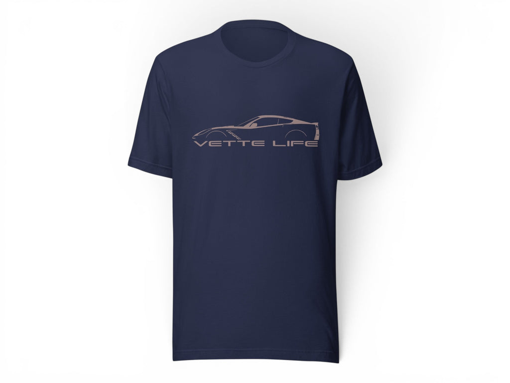 T-Top Vibes navy blue cotton t-shirt featuring a Corvette C7 silhouette graphic and Vette Life text on the chest.