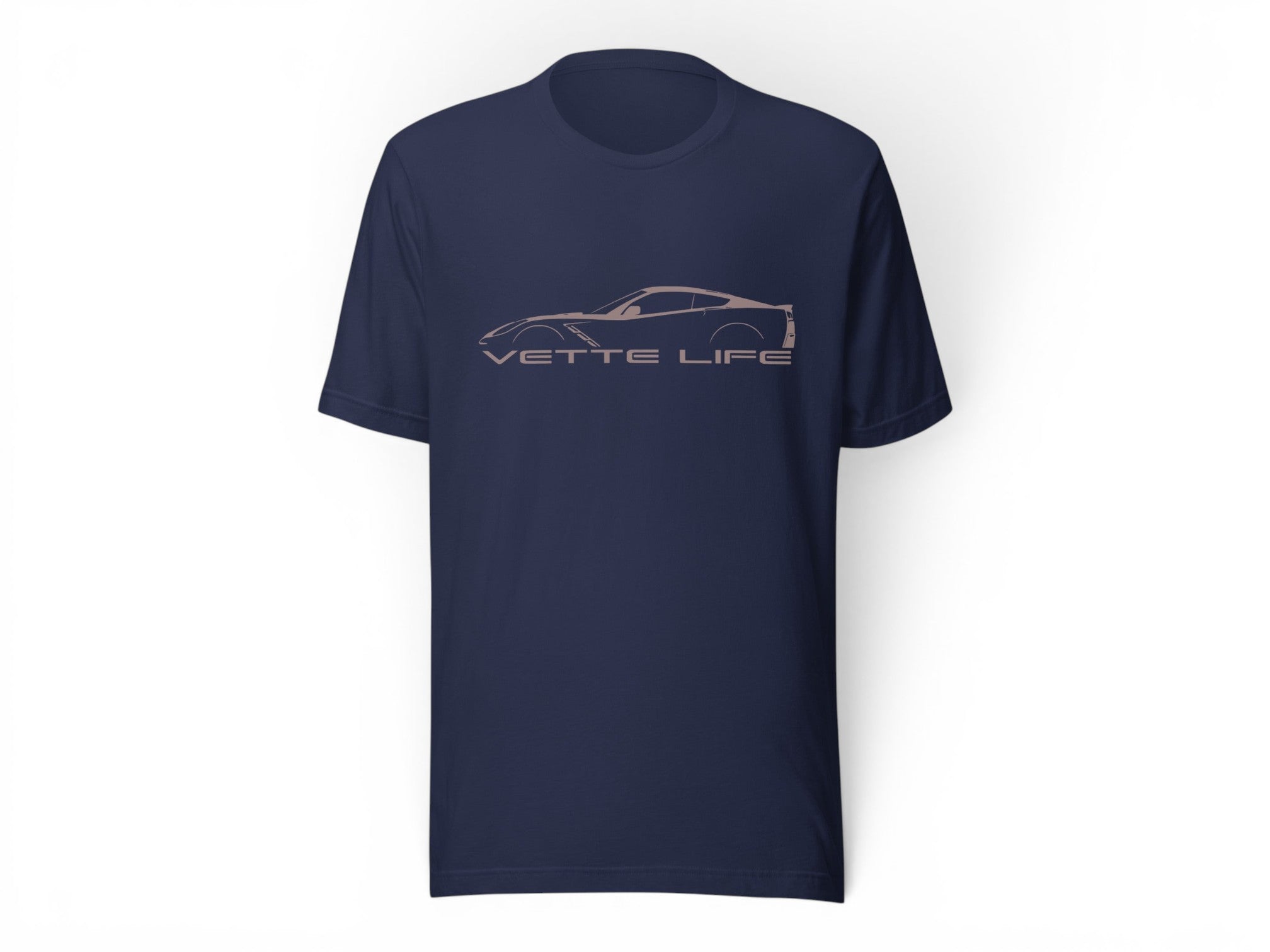 T-Top Vibes navy blue cotton t-shirt featuring a Corvette C7 silhouette graphic and Vette Life text on the chest.