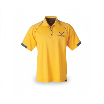 T-Top Vibes Corvette C7 Racing polo shirt in gold and graphite with embroidered chest emblem and raglan sleeves.