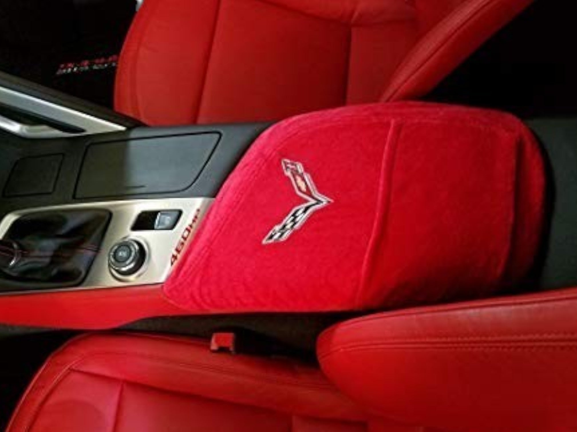 T-Top Vibes red cotton terry velour center console cover with embroidered Corvette C7 logo for 2014-2019 models