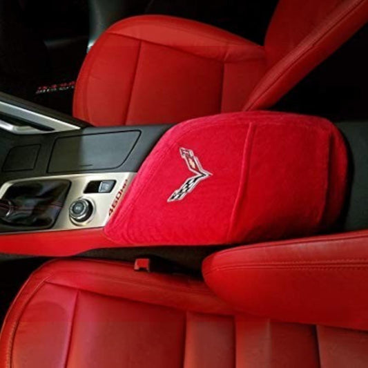 T-Top Vibes red cotton terry velour center console cover with embroidered Corvette C7 logo for 2014-2019 models