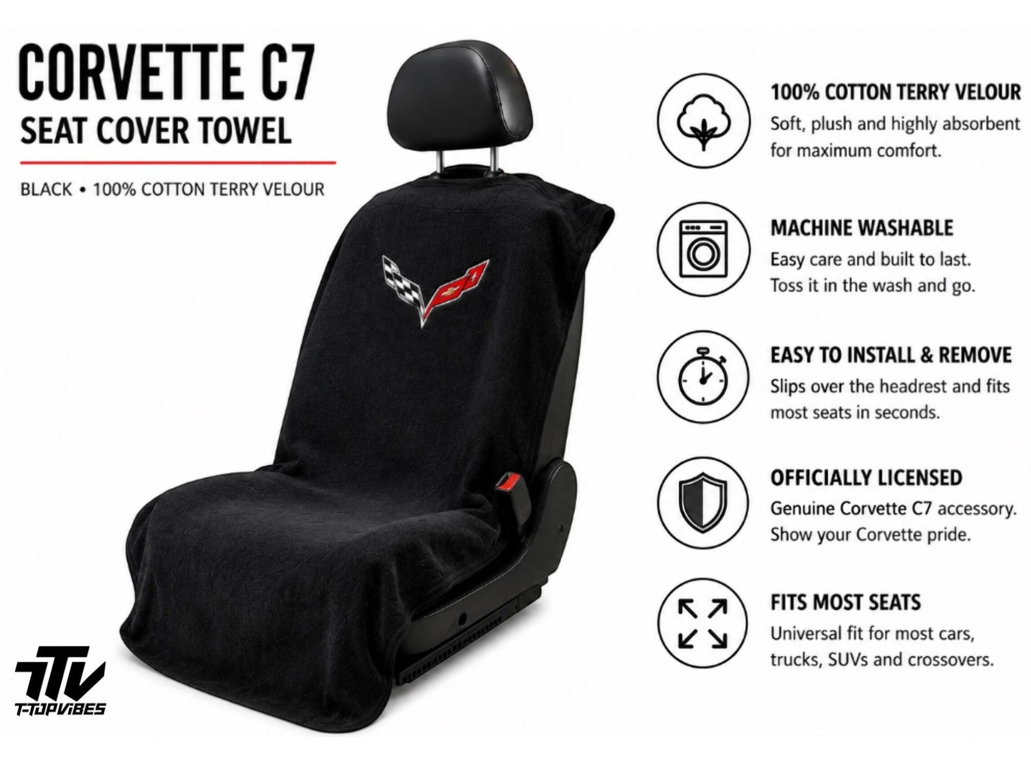 T-Top Vibes black cotton terry velour Corvette C7 seat cover towel with embroidered logo on a car seat