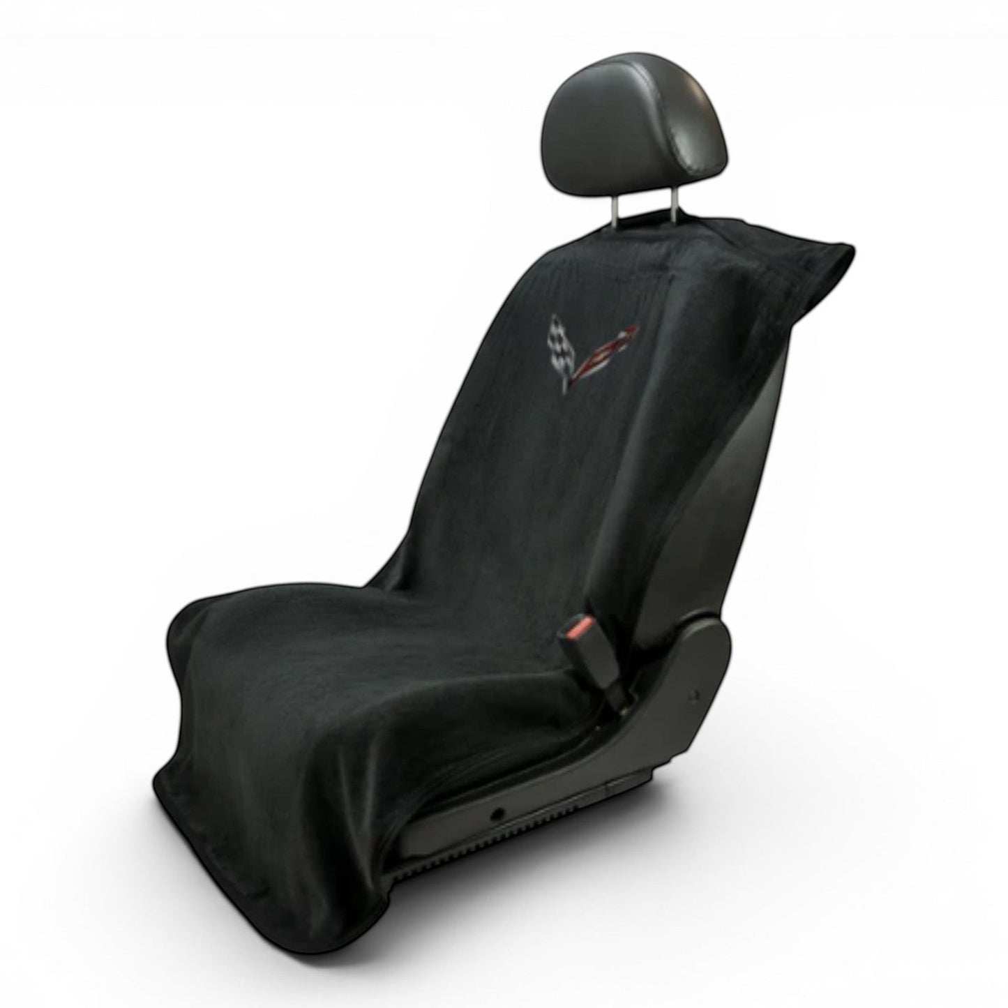 T-Top Vibes black cotton terry velour Corvette C7 car seat cover towel with embroidered logo on a car seat