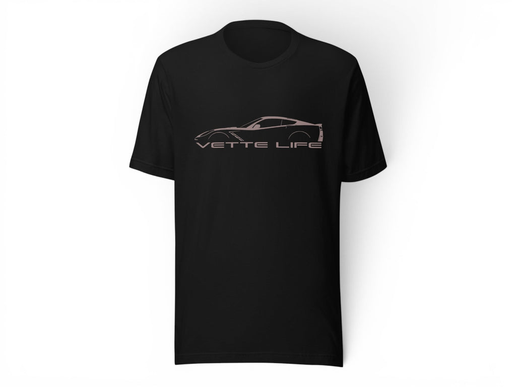 T-Top Vibes black cotton t-shirt featuring a Corvette C7 silhouette graphic and Vette Life text on the chest.