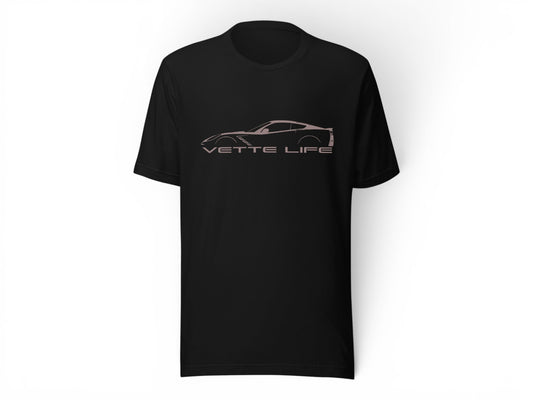 T-Top Vibes black cotton t-shirt featuring a Corvette C7 silhouette graphic and Vette Life text on the chest.