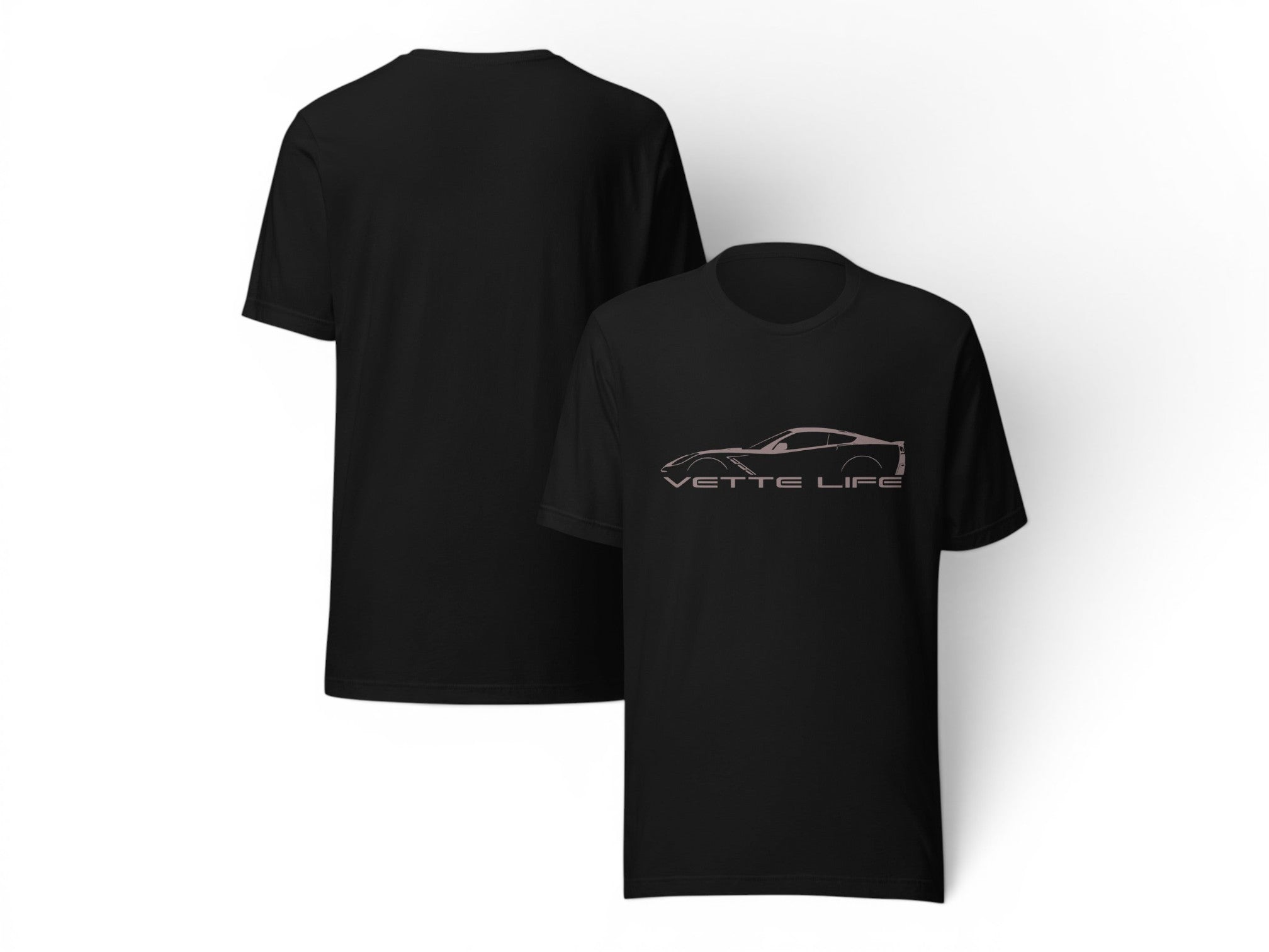 T-Top Vibes black cotton t-shirt featuring a white Corvette C7 silhouette and Vette Life text on the front.