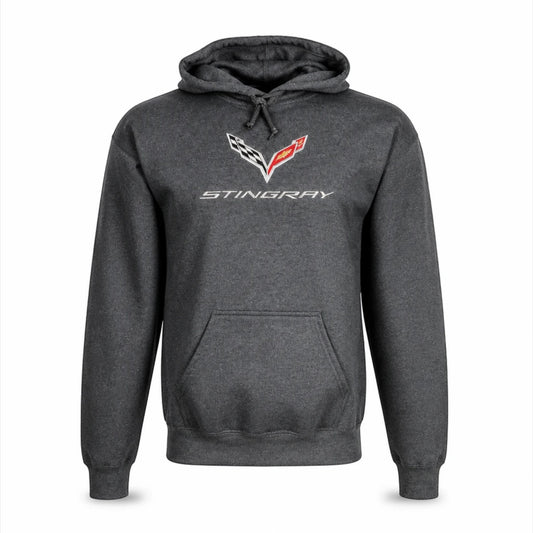 T-Top Vibes charcoal grey pullover hoodie featuring an embroidered C7 Corvette emblem and Stingray lettering.