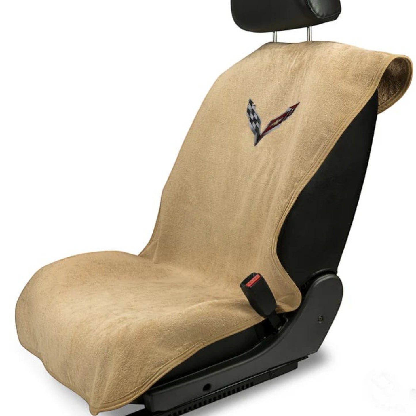 T-Top Vibes Corvette C7 tan cotton terry velour car seat cover towel with embroidered logo on a black car seat