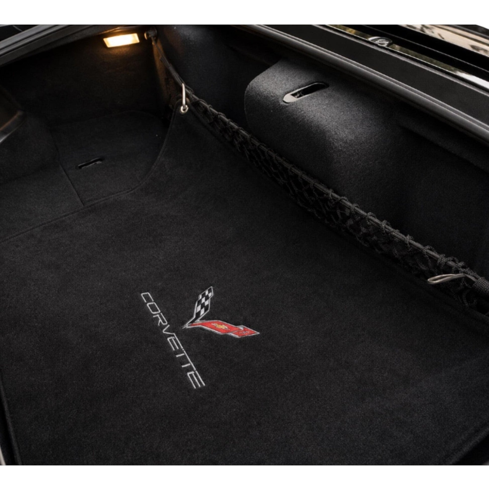 T-Top Vibes black cotton terry velour trunk towel with embroidered Corvette logo inside a C7 Corvette cargo area