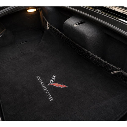 T-Top Vibes black cotton terry velour trunk towel with embroidered Corvette logo inside a C7 Corvette cargo area