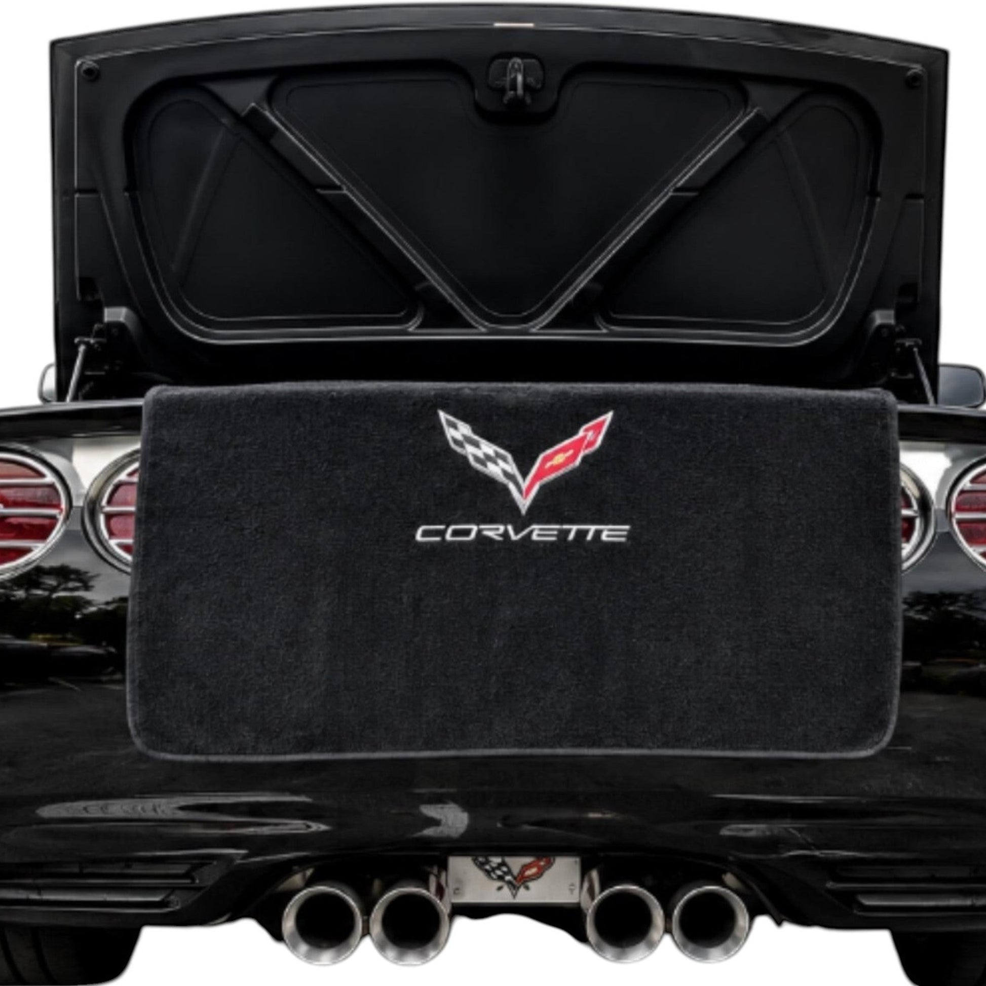 T-Top Vibes black cotton terry velour trunk towel with embroidered Corvette logo protecting a C7 Corvette rear bumper.