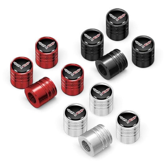 T-Top Vibes Corvette C7 billet aluminum valve stem caps in black, red, and silver with crossed-flags emblems.