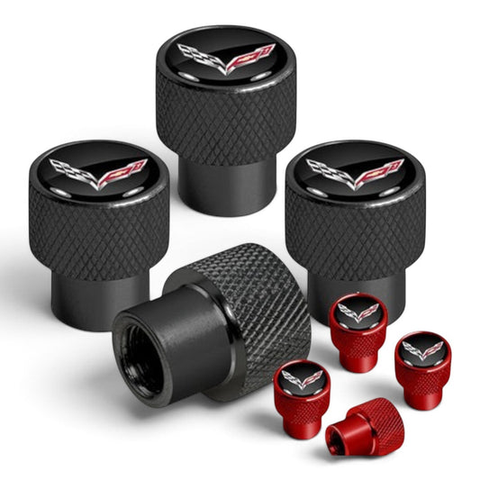 T-Top Vibes Corvette C7 black and red anodized aluminum valve stem caps with crossed-flags emblem and diamond-cut grip