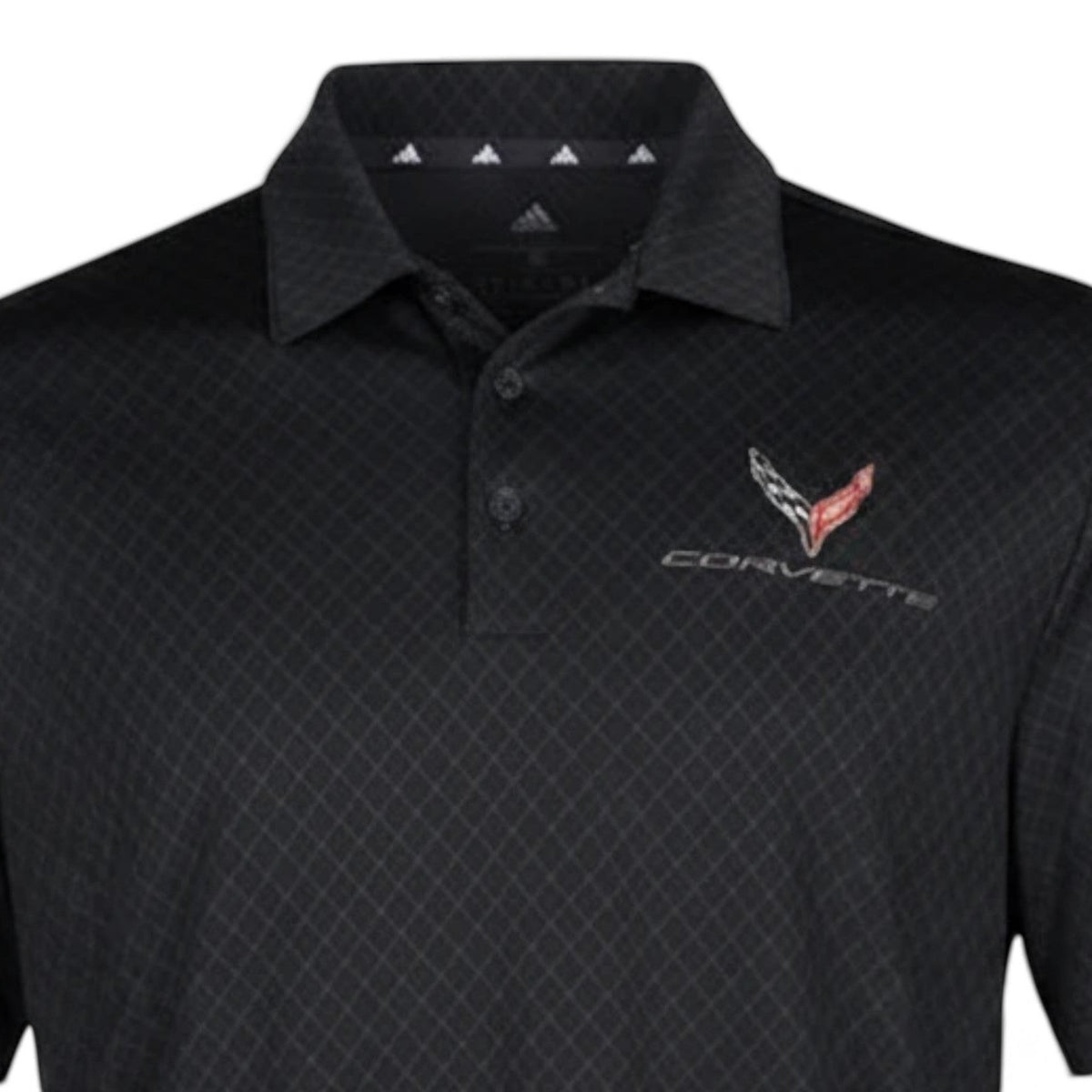 T-Top Vibes men's black Adidas Corvette C8 performance polo with a tonal diamond pattern and embroidered emblem.