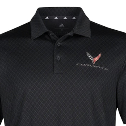 T-Top Vibes men's black Adidas Corvette C8 performance polo with a tonal diamond pattern and embroidered emblem.