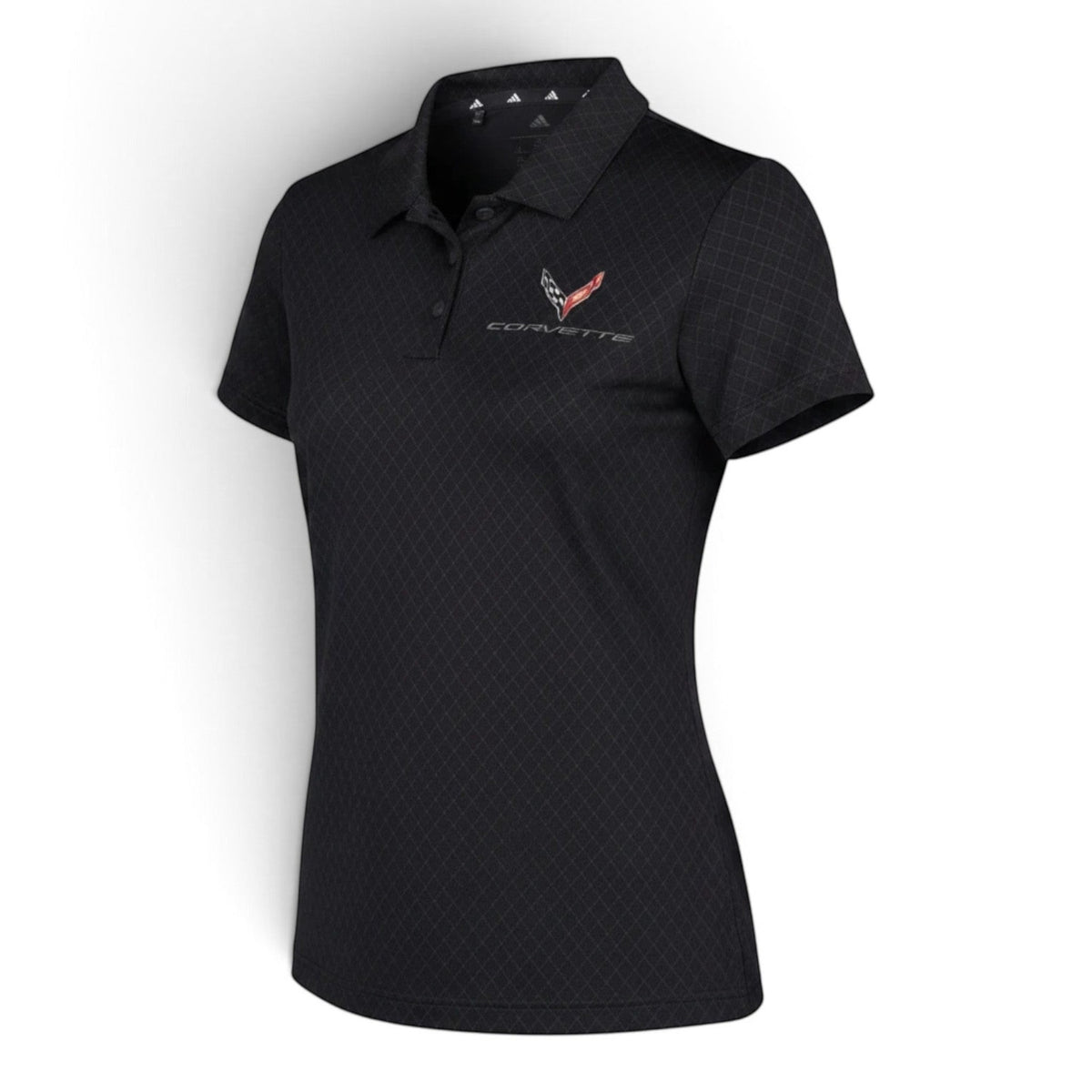 T-Top Vibes ladies Corvette C8 Adidas performance polo in carbon black with a tonal diamond pattern and embroidered logo