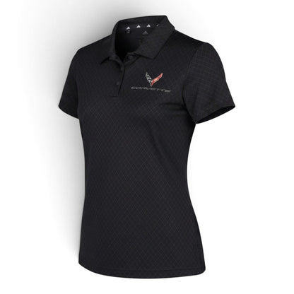 T-Top Vibes ladies Corvette C8 Adidas performance polo in carbon black with a tonal diamond pattern and embroidered logo