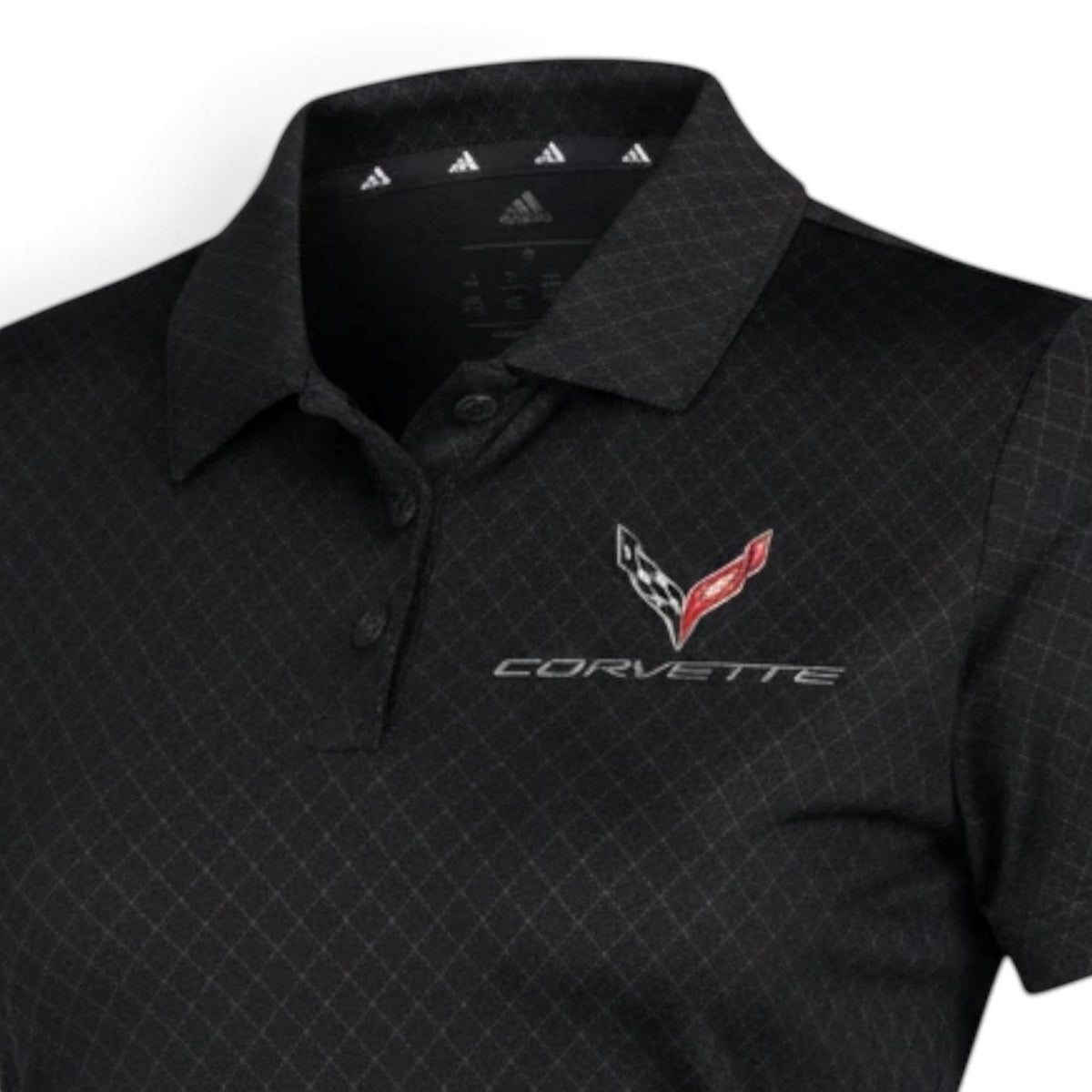 T-Top Vibes ladies Adidas Corvette C8 performance polo in carbon black with tonal pattern and embroidered emblem